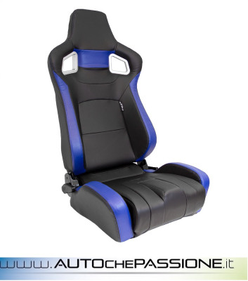 Sedile sportivo reclinabile in ecopelle nera modello RS6 con inserti blu