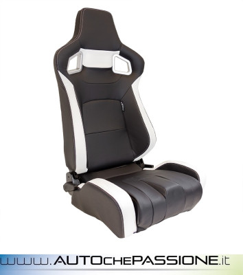 Sedile sportivo reclinabile in ecopelle nera modello RS6 con inserti bianchi