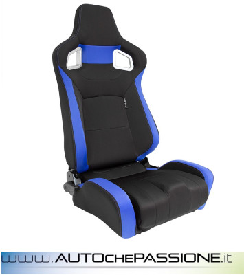Sedile sportivo reclinabile in ecopelle nera modello RS6 con inserti blu